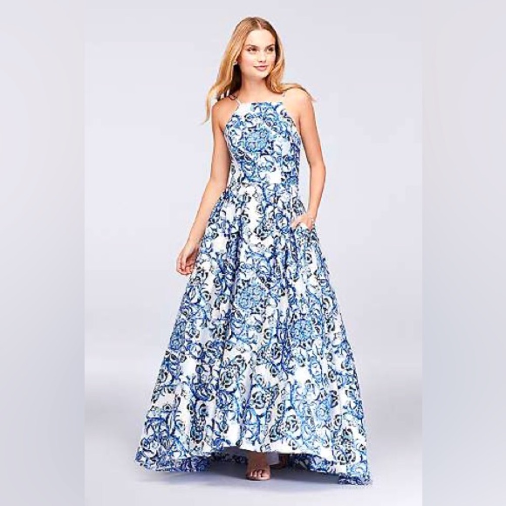 Betsy & Adam Blue & White Satin Halter Ball Gown with Lace Up Back -NWT- Size 2!
